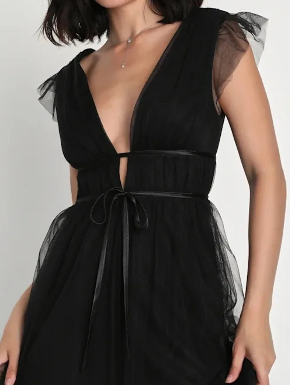 Lulus I'm All Yours Black Tulle Ruffled Maxi Dress - V-Neck V-Back - Size Large